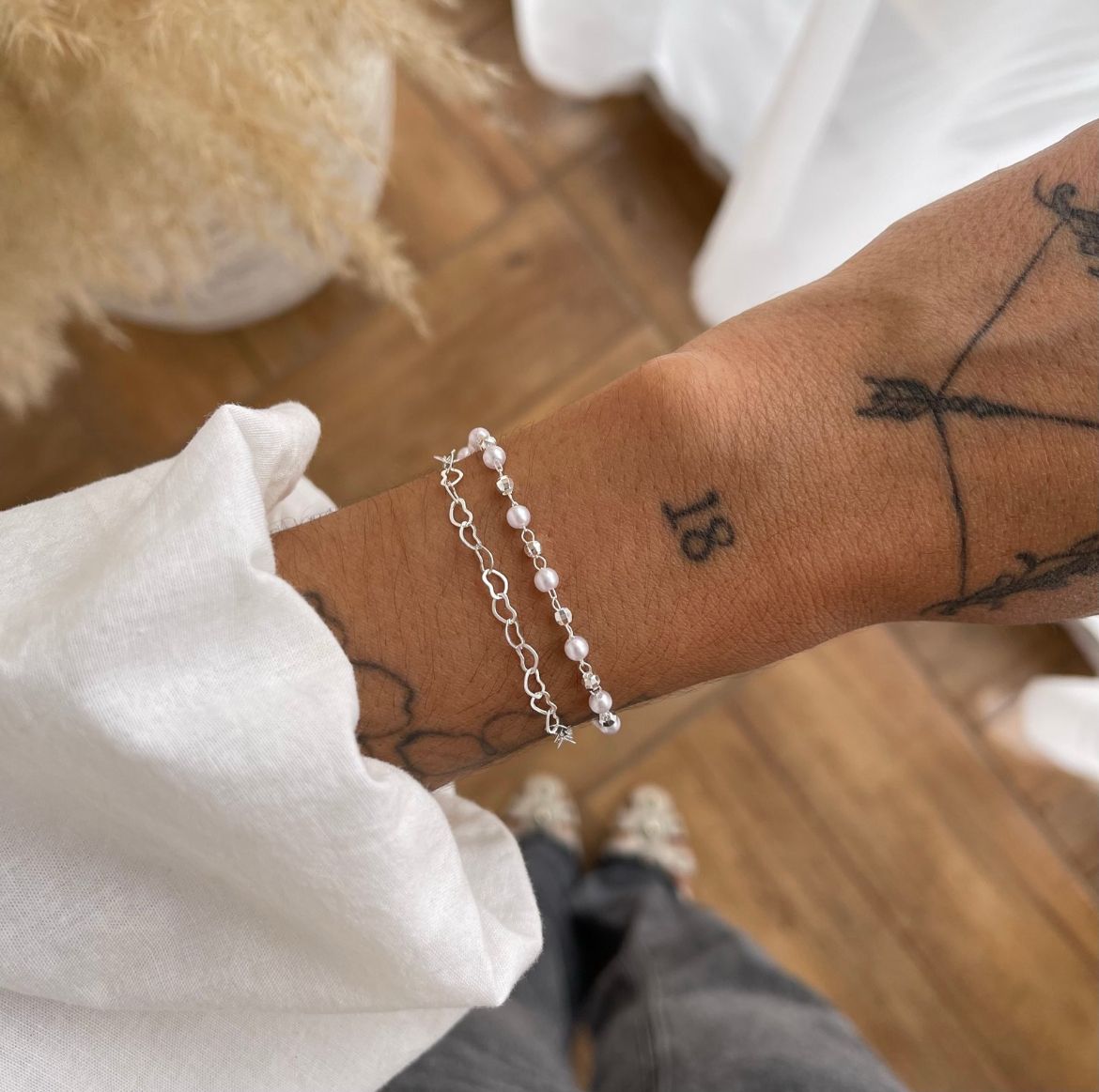 Pulseira Dupla elos corações + perolas