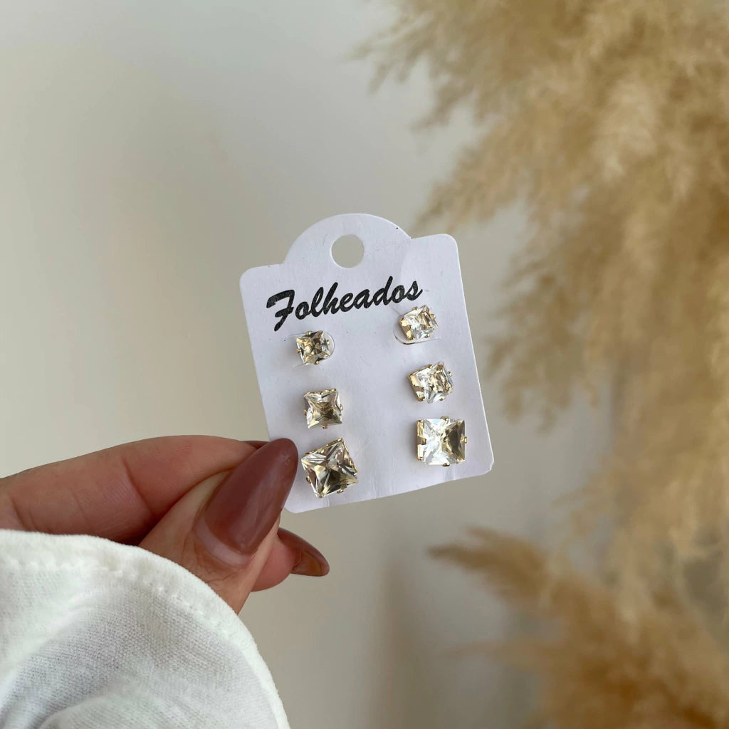 Trio Brincos Quadrados Zircônias Dourado