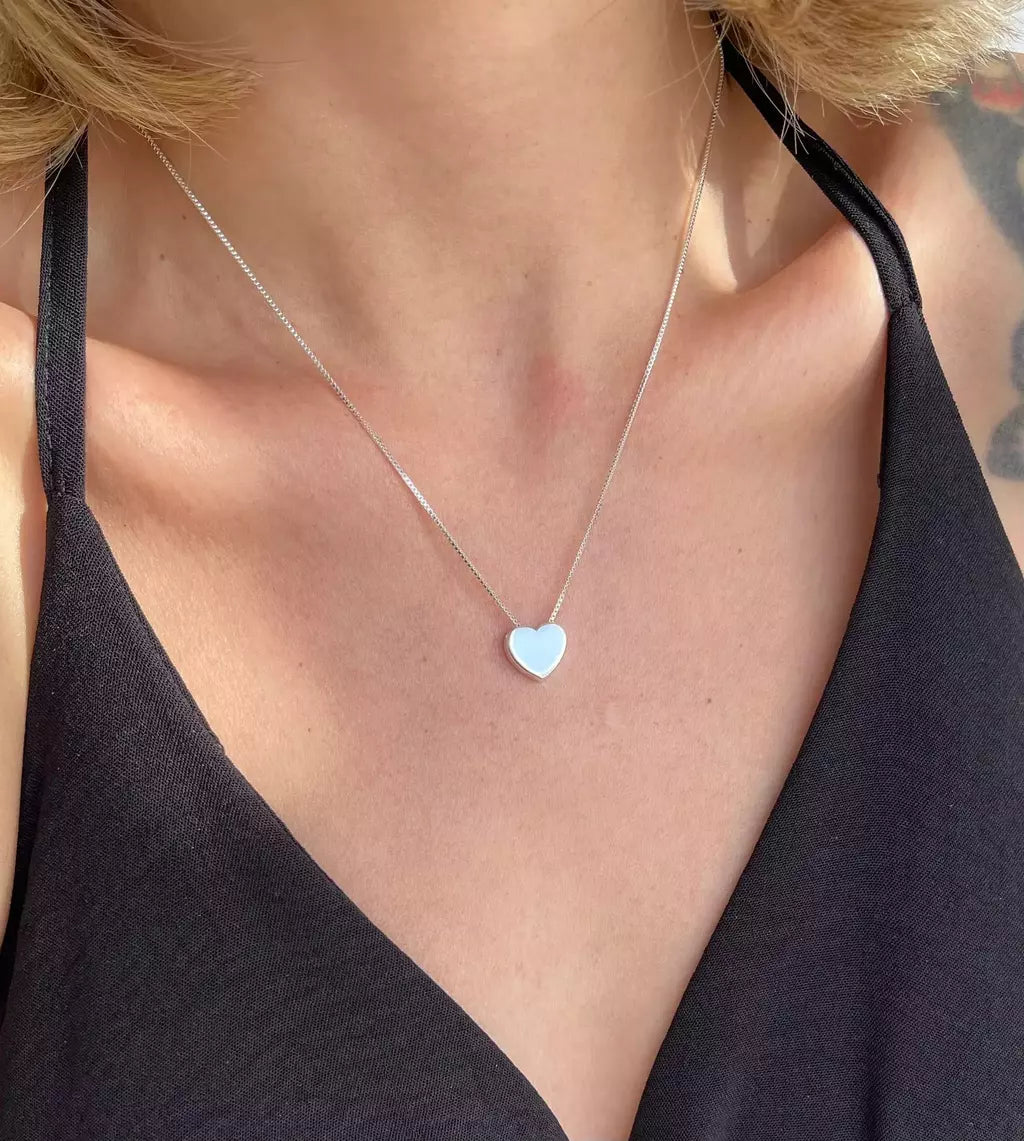 Colar Coração 10mm Laminado Passante Prata