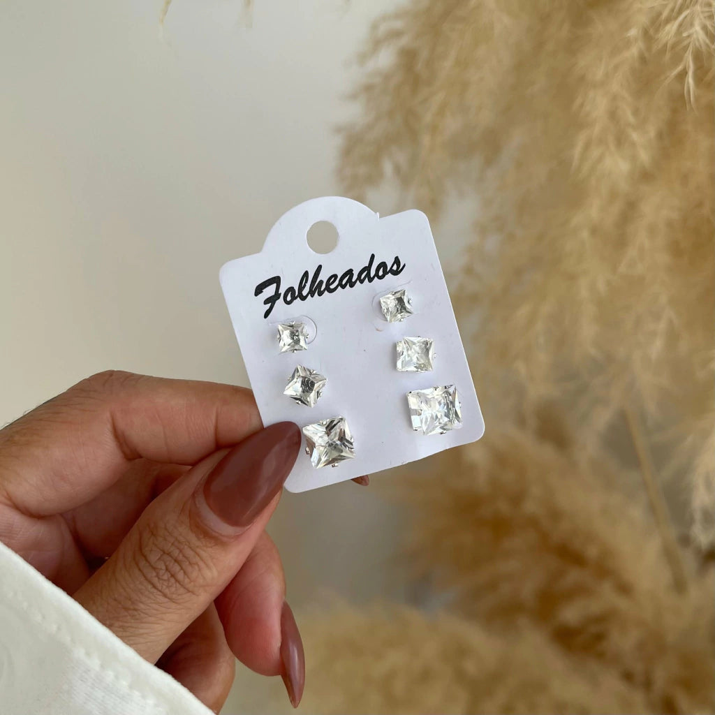 Trio Brincos Quadrados Zircônias Prata